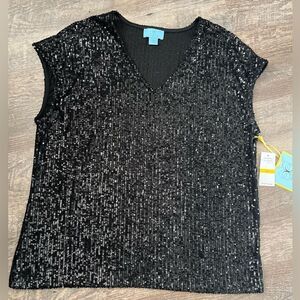 CeCe Sequined V-Neck Cap-Sleeve Black Blouse-Size Medium